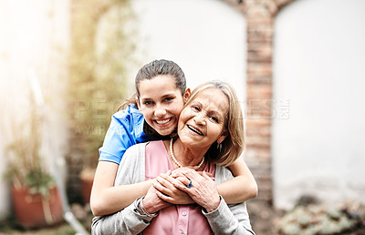 Buy stock photo Portrait of a senior patient outside with her caregiver