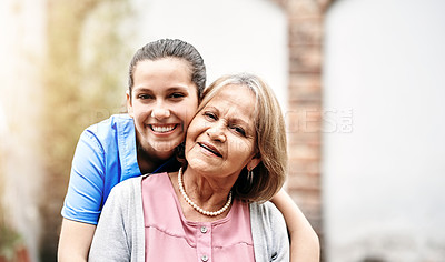 Buy stock photo Portrait of a senior patient outside with her caregiver