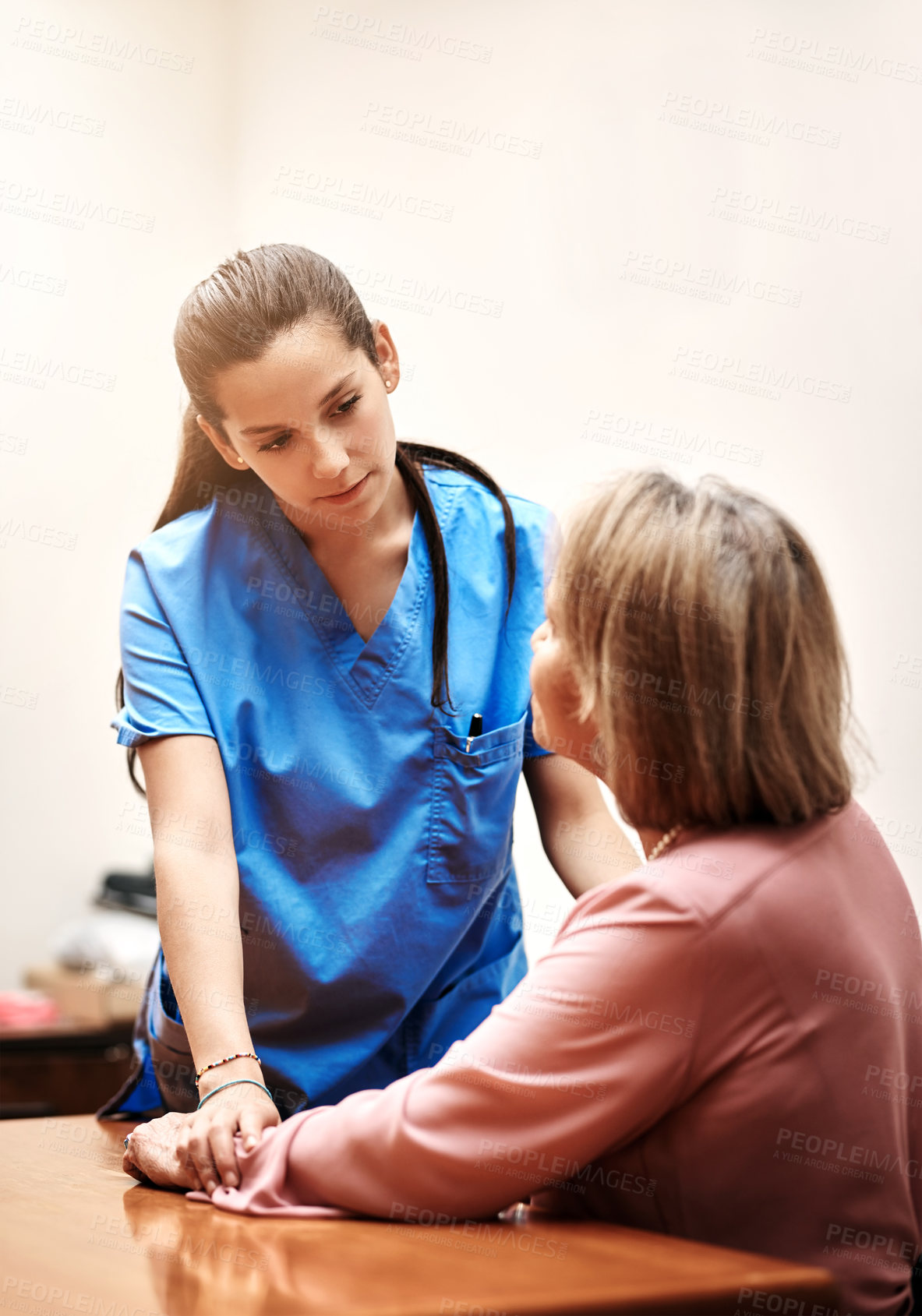 Buy stock photo Senior woman, nurse and support with help at nursing home for medical, healthcare and love. Elderly person, caregiver and advice at retirement facility for empathy, wellness and care with kindness