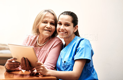 Buy stock photo Tablet, portrait and nurse with senior patient in retirement home with treatment plan for diagnosis. Happy, healthcare and caregiver with elderly woman on digital technology for medical checkup.