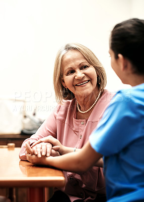 Buy stock photo Trust, holding hands and smile with nurse and old woman for caregiver, occupational therapy and senior patient. Helping others, volunteer and healthcare with people in retirement home for medicine