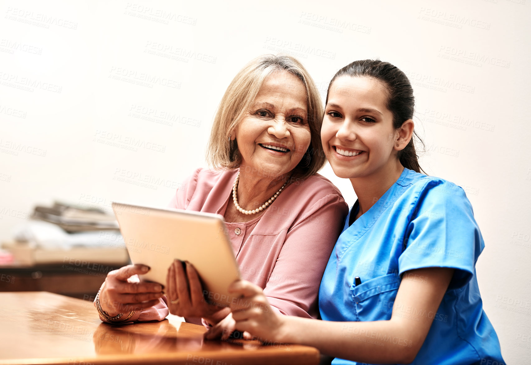 Buy stock photo Tablet, happy and nurse with senior woman in retirement home with treatment plan for diagnosis. Portrait, healthcare and caregiver with elderly patient on digital technology for medical checkup.