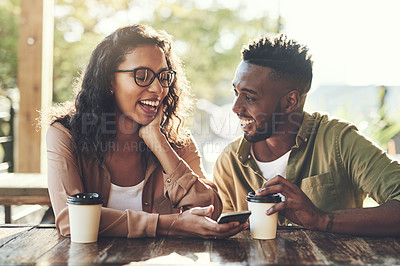 Buy stock photo Couple, laugh or social media with smartphone in cafe, joke or bonding together with coffee. Happy people, boyfriend and girlfriend with mobile app for entertainment, streaming video or meme outdoor