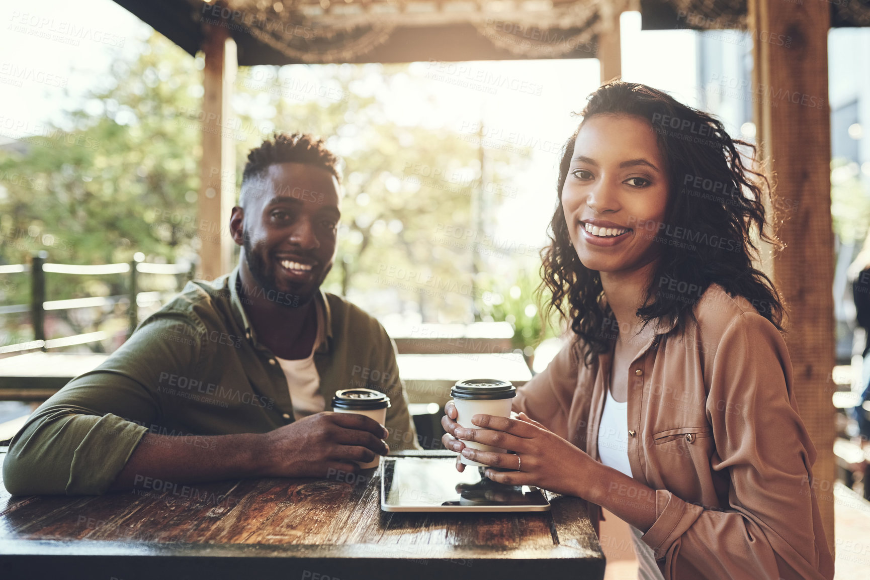 Buy stock photo Coffee, portrait and couple with tablet in restaurant for online menu, website and networking. Technology, woman and man with love on date in cafe for communication, digital survey and connectivity