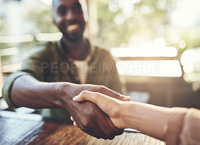 Buy stock photo Shaking hands, people and coffee shop with remote work deal and thank you hand sign. Diversity, cafe and restaurant with business partnership with meeting greeting and handshake of freelancer