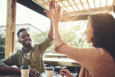 Buy stock photo Smile, couple and high five with coffee at cafe for morning breakfast, date success and celebrate relationship. Happy, African people and beverage for love commitment, anniversary goal and restaurant