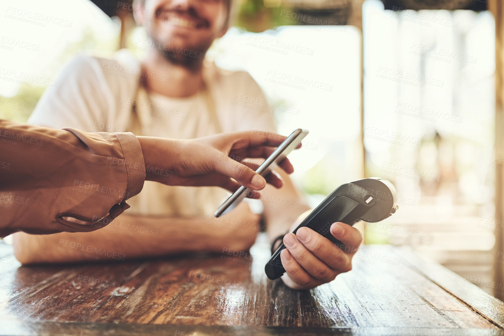 Buy stock photo Hands, smartphone and pos terminal in cafe for payment by customer for waitress service. Finance, bill and nfc with person paying paperless using wireless technology in coffee shop or restaurant