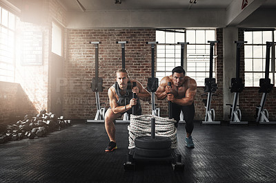 Buy stock photo Athletes, training or pushing weights in gym together for teamwork, practice or group sports. Strong, men or friends exercise in fitness centre for cardio class, physical activity and calisthenics