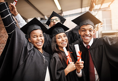Buy stock photo Graduation, students and happy portrait of college friends with a diploma outdoor. Diversity men and women excited to celebrate university achievement, education success and school graduate event