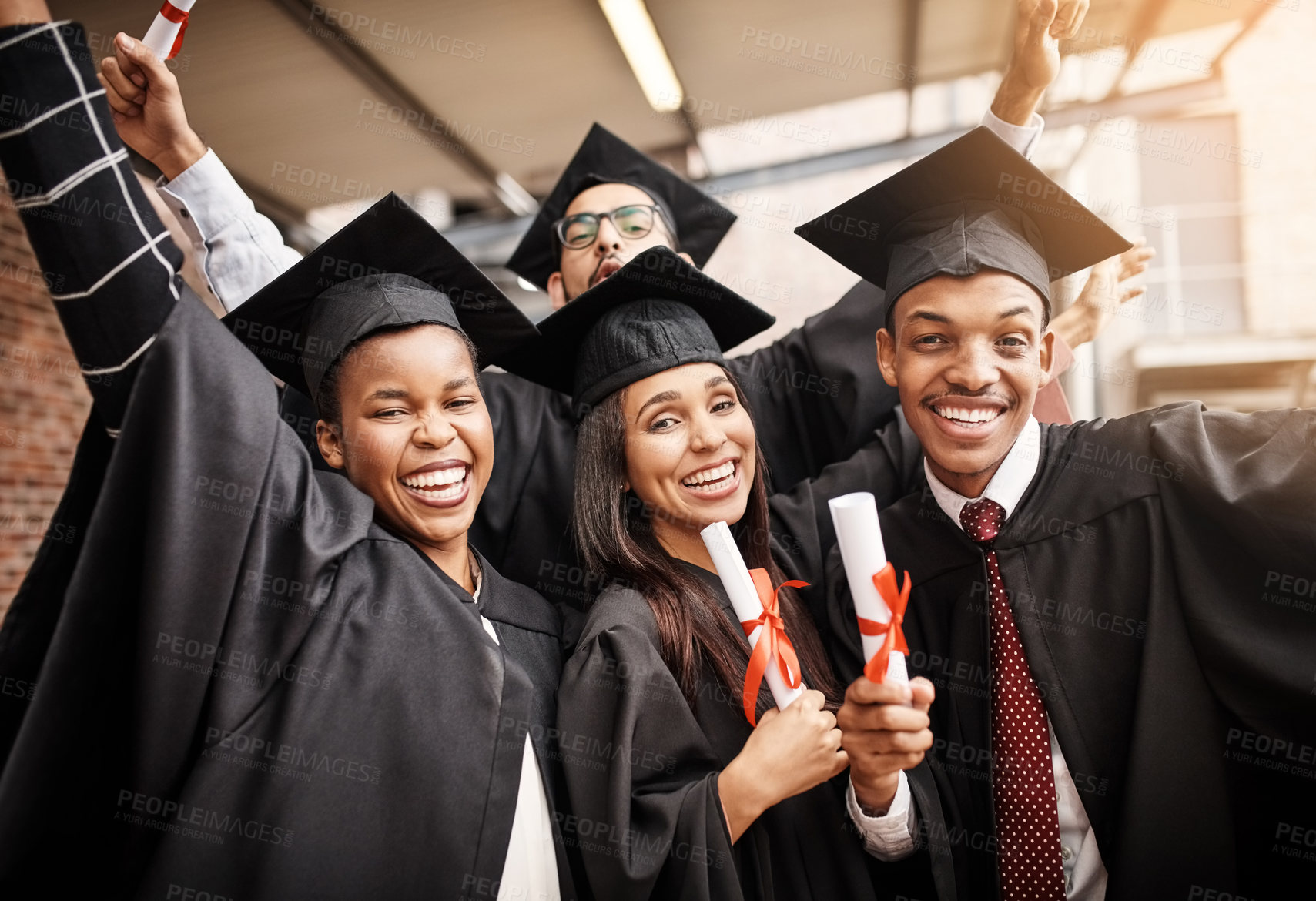 Buy stock photo Graduation, students and happy portrait of college friends with a diploma outdoor. Diversity men and women excited to celebrate university achievement, education success and school graduate event