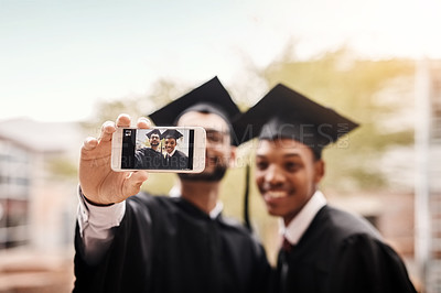 Buy stock photo Phone screen, graduation and selfie of college friends or students with smile outdoor. Men happy to celebrate university achievement, education success and future or graduate memory at school event 