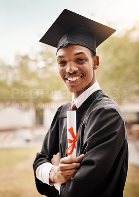 Buy stock photo College student, portrait and black man at graduation with a diploma and smile outdoor. Male person happy to celebrate university achievement, education success and future at school event as graduate