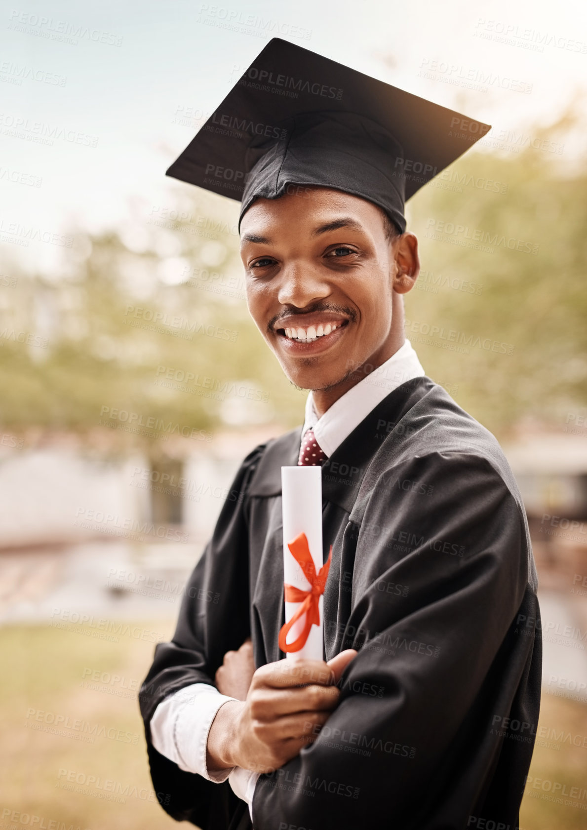 Buy stock photo College student, portrait and black man at graduation with a diploma and smile outdoor. Male person happy to celebrate university achievement, education success and future at school event as graduate