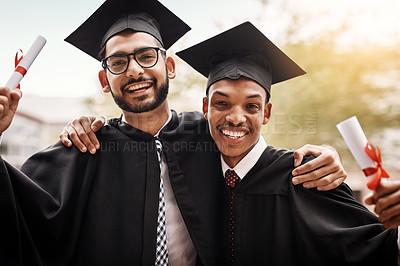 Buy stock photo Friends, graduation and portrait of a college students with a diploma and happiness outdoor. Men happy to celebrate university achievement, education success and graduate future at school event
