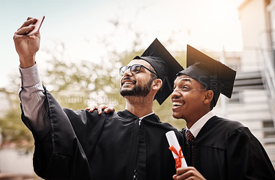 Buy stock photo Friends, graduation and selfie of a college students with a diploma and smile outdoor. Men happy to celebrate university achievement, education success and future at school event with graduate memory