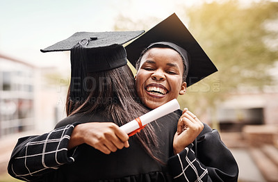 Buy stock photo Friends, hug and graduation at college for students with a diploma and support outdoor. Graduate women excited to celebrate university achievement, education success and future at school event