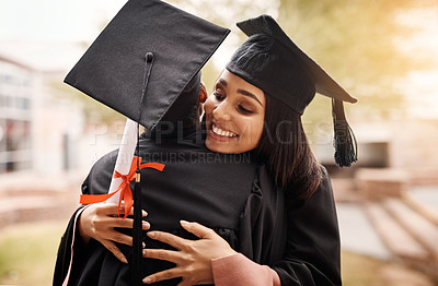 Buy stock photo Hug, students and graduation at college for women with a diploma and support outdoor. Graduate celebration with friends happy for university achievement, education success and future at school event