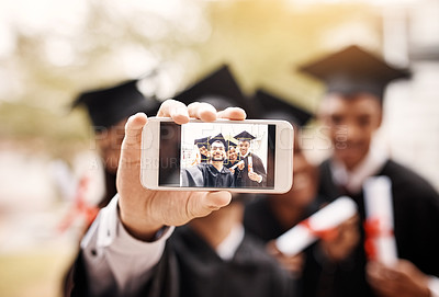 Buy stock photo Graduation, phone screen and selfie of college or university friends and student diploma outdoor. Face of men and women happy to celebrate university achievement, education success or graduate memory
