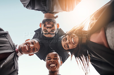 Buy stock photo Graduation, students group and face portrait of college friends with a smile and pride outdoor. Below diversity men and woman excited to celebrate university achievement, education success and future