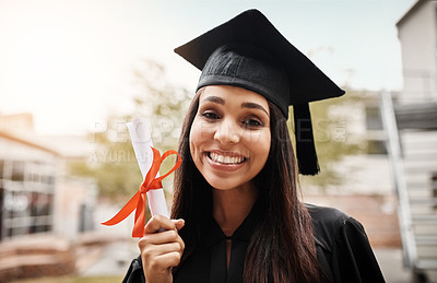 Buy stock photo Portrait, university and Latino woman with certificate, graduation and scholarship with education, knowledge and degree. Face, happy female person and student with happiness, college and celebration