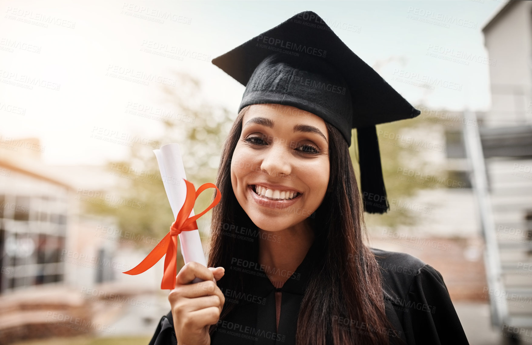 Buy stock photo Portrait, university and Latino woman with certificate, graduation and scholarship with education, knowledge and degree. Face, happy female person and student with happiness, college and celebration