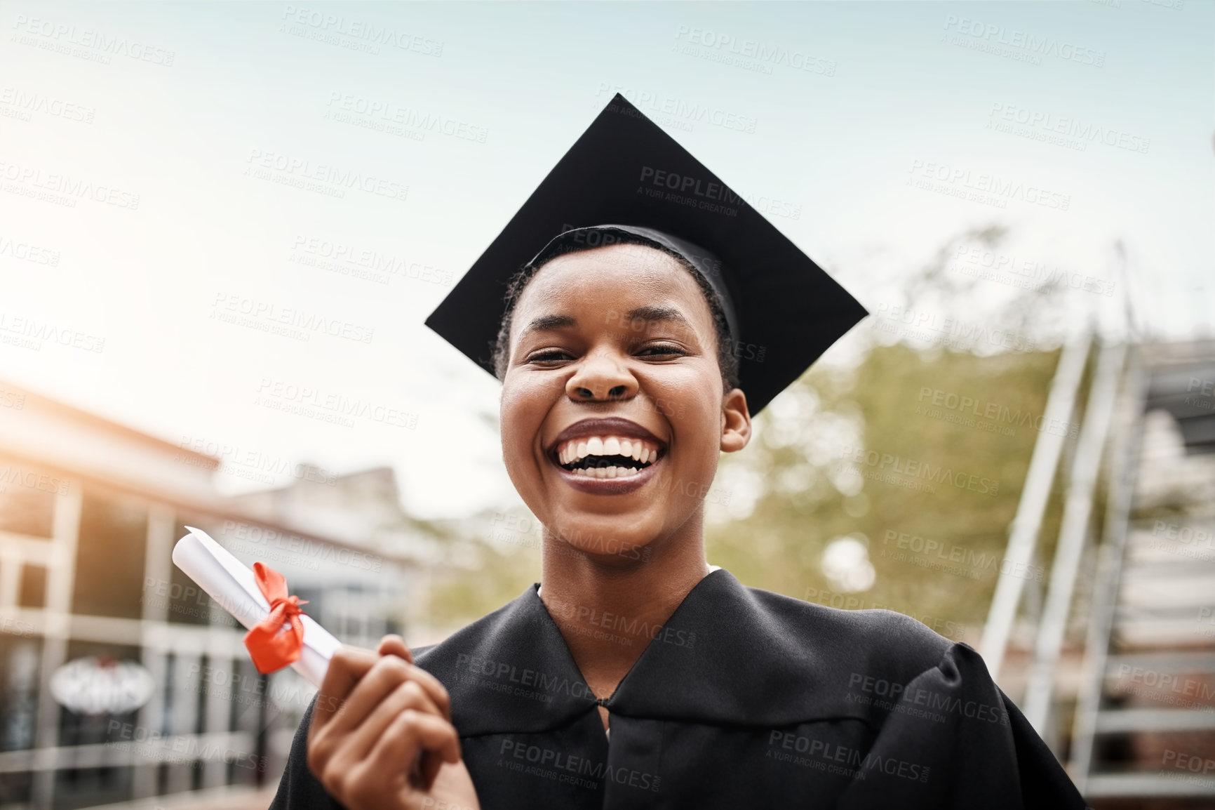 Buy stock photo Portrait, university and black woman with a diploma, graduation and success with knowledge. Face, female person or student outdoor, celebration or event with degree, goal or graduate with achievement