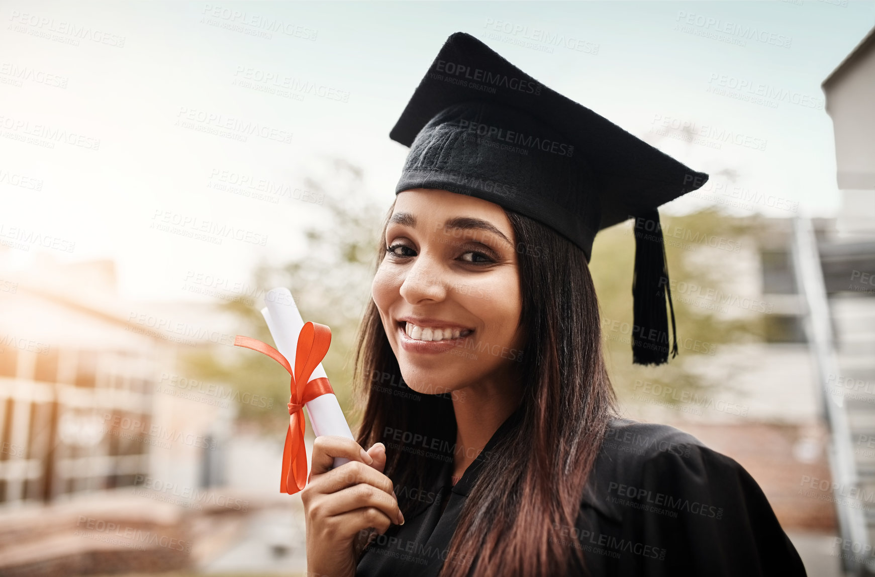 Buy stock photo Portrait, achievement and woman with diploma, graduation and scholarship with celebration, event and happiness. Face, female person or happy student with a degree, ceremony and success with education