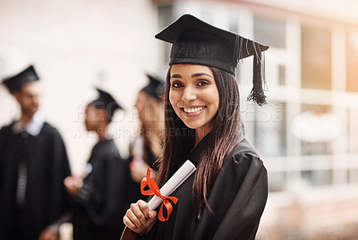 Buy stock photo Graduation, diploma and portrait of a woman or college student with happiness and pride outdoor. Female person excited to celebrate university achievement, education success and school graduate event
