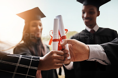 Buy stock photo Students, graduation and hands with diploma for college group with happiness and support outdoor. Men and women  celebrate university achievement, education success and graduate certificate or future