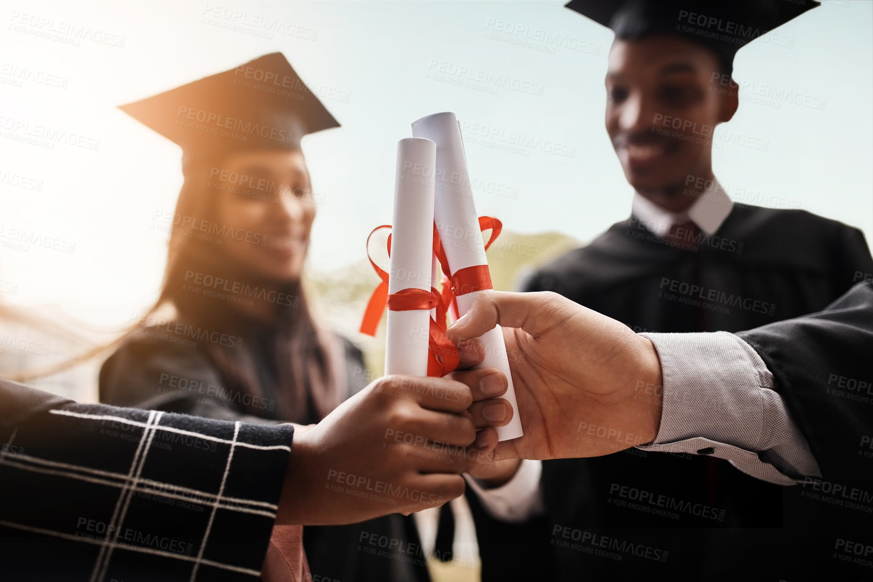 Buy stock photo Students, graduation and hands with diploma for college group with happiness and support outdoor. Men and women  celebrate university achievement, education success and graduate certificate or future