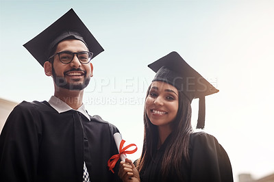 Buy stock photo Students, graduation and portrait of a college or university couple with diploma outdoor. Happy man and woman excited to celebrate education achievement, success and future at school graduate event