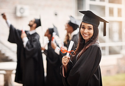 Buy stock photo Diploma, graduation and portrait of a woman or college student with a smile and pride outdoor. Female person excited to celebrate university achievement, education success and future at school event