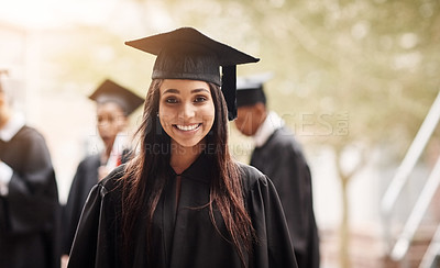 Buy stock photo Portrait, woman and student with graduation, university and achievement with qualification, degree and education. Face, female person or girl with success, graduate and certificate with a scholarship