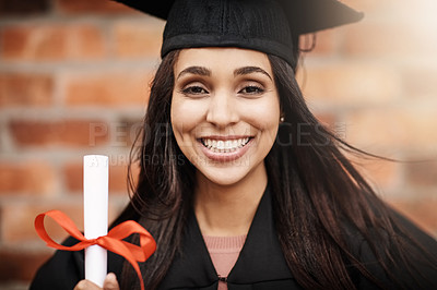 Buy stock photo College student, graduation and portrait of a woman with a diploma and smile outdoor. Face of excited female person with university achievement, education success and future at school graduate event