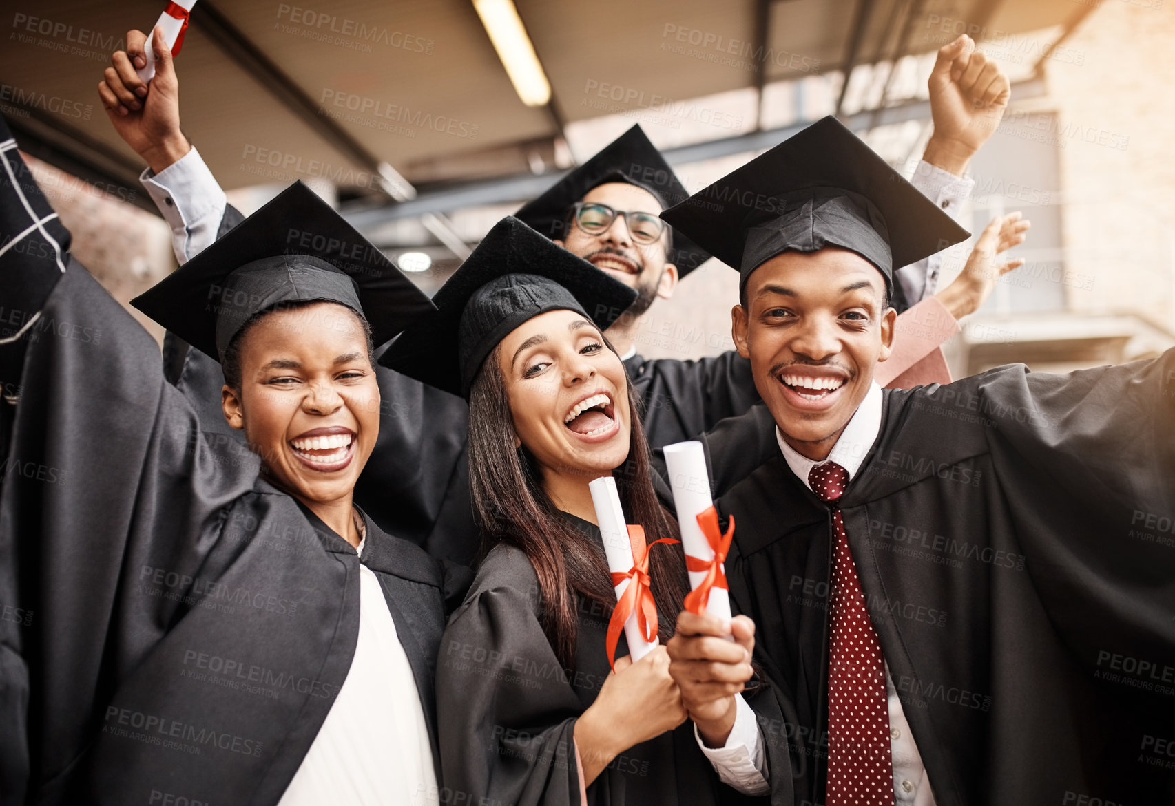 Buy stock photo Students, graduation and group portrait of college friends with a diploma and happiness outdoor. Diversity men and women excited to celebrate university achievement, education success and future