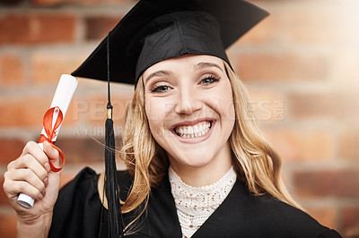Buy stock photo Woman, graduation and portrait of a university student with a diploma and smile on face. Female person excited to celebrate college achievement, education success and future outdoor at school event