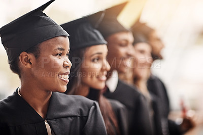 Buy stock photo Black woman, graduation and happy college student with a graduate group outdoor. Profile of men and women excited to celebrate university achievement, education success and future at school event