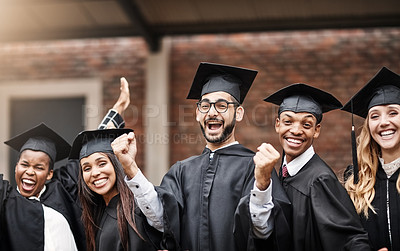 Buy stock photo Students, graduation and excited college group together to celebrate future. Portrait of diversity men and women happy for university achievement, education success and school graduate celebration