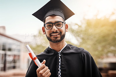 Buy stock photo Man, graduation and portrait of a college student with a diploma and happiness outdoor. Male person happy to celebrate university achievement, education success and future at school event as graduate