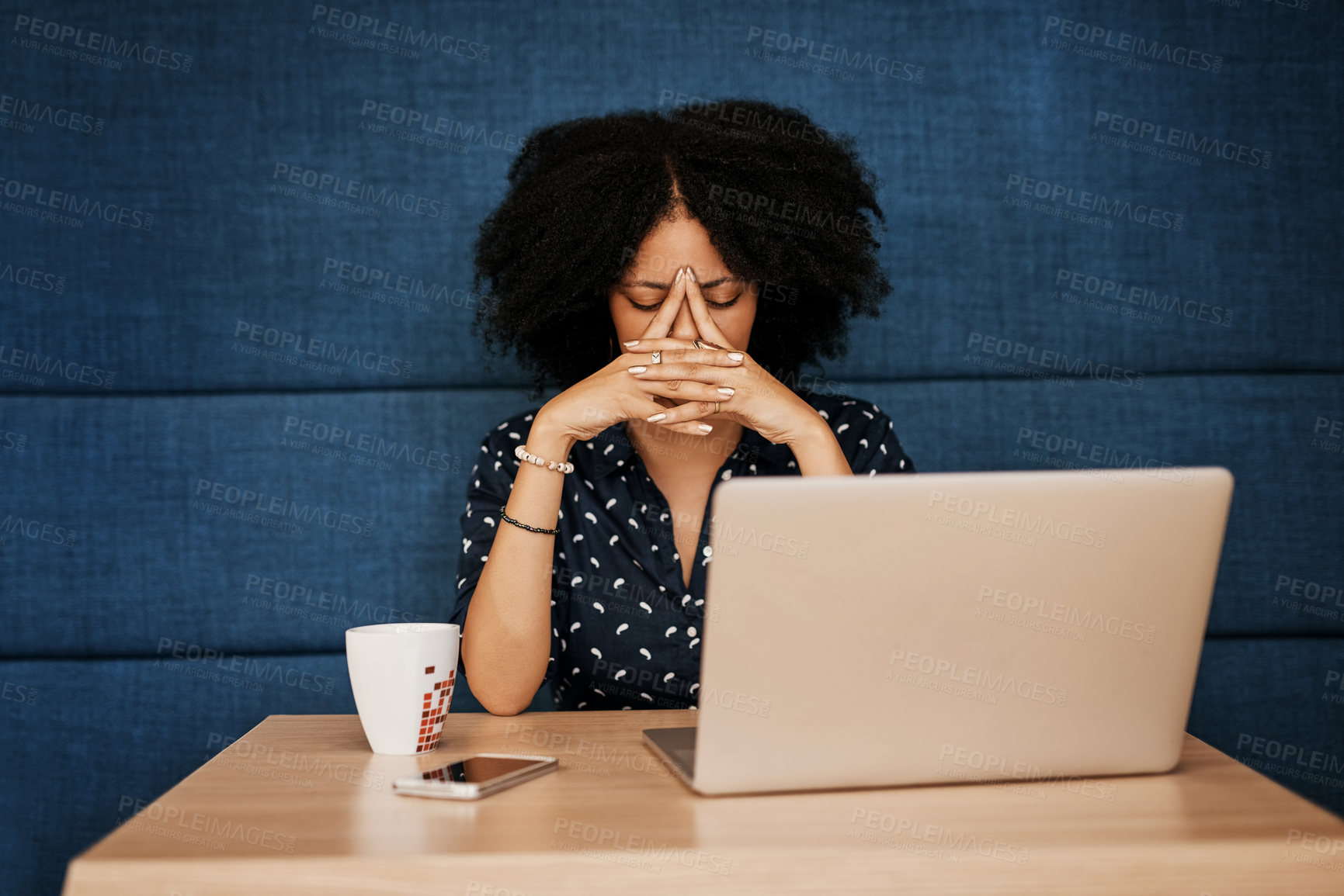 Buy stock photo Woman, headache and laptop with stress at cafe in burnout, financial crisis or debt. Female person, hands and tired employee with migraine, depression or deadline anxiety on computer at coffee shop