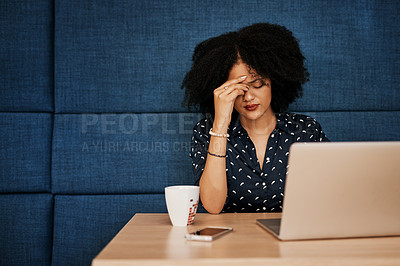 Buy stock photo Black woman, headache and laptop with stress in burnout, financial crisis or debt at cafe. Tired African, female person or employee with migraine, depression or anxiety on computer at coffee shop