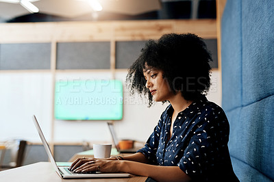 Buy stock photo Woman, typing and laptop for working in cafe, keyboard and  desk for journalist, research and writing. Coffee shop, employee and person with computer, planning and project for headline of article