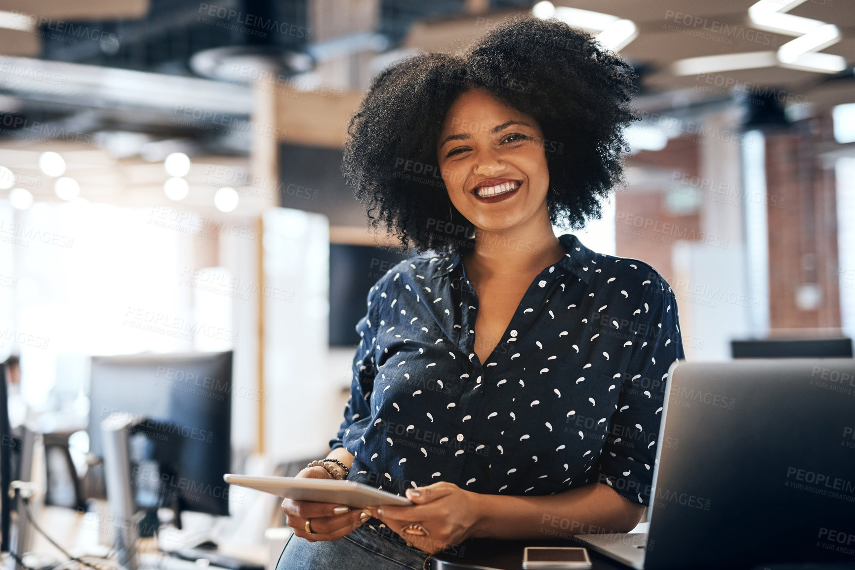 Buy stock photo Office, desk and portrait of black woman with tablet for online network, communication or planning. Happy, employee and designer at creative agency with tech for web design, ux research and feedback