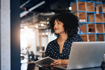 Buy stock photo Woman, thinking and tablet or laptop in office for research, ideas or review project report feedback as creative director. Smile, female designer and digital website for response of proposal plan