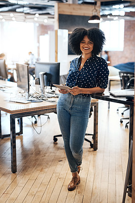 Buy stock photo Work, tablet and portrait of woman with smile for online article, feedback and digital research. Office, employee and writer with tech at creative agency for copywriting, communication and editing