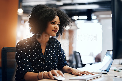 Buy stock photo Computer, research and african woman in office reading report for finance client with break in market. Career, technology and female financial analyst with business proposal for investment stocks.