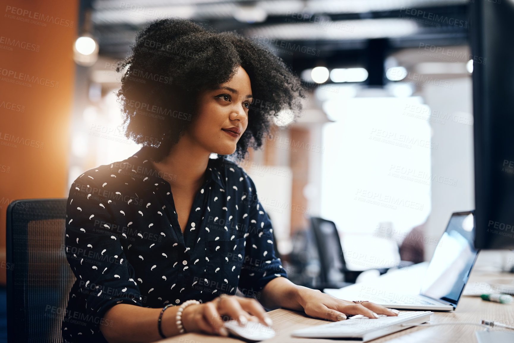 Buy stock photo Computer, research and african woman in office reading report for finance client with break in market. Career, technology and female financial analyst with business proposal for investment stocks.