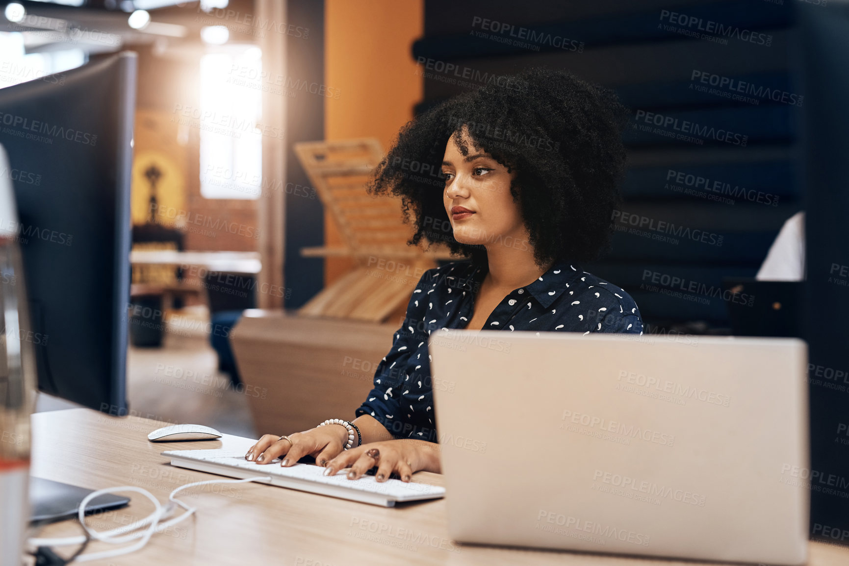 Buy stock photo Woman, typing and computer for working in desk, keyboard and office for journalist, research and writing. Workplace, employee and person with laptop, planning and project for headline of article