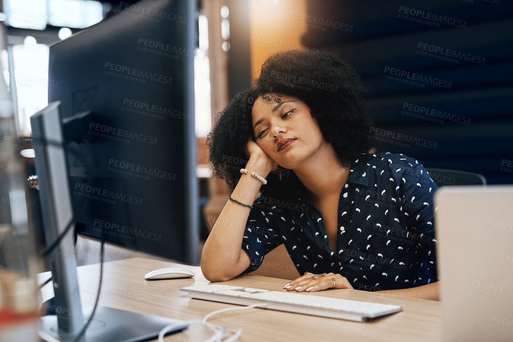 Buy stock photo Business, burnout and tired woman by computer in office bored with project research, planning or reading information. Fatigue, sleepy or manager frustrated by online, glitch or 404, error or disaster