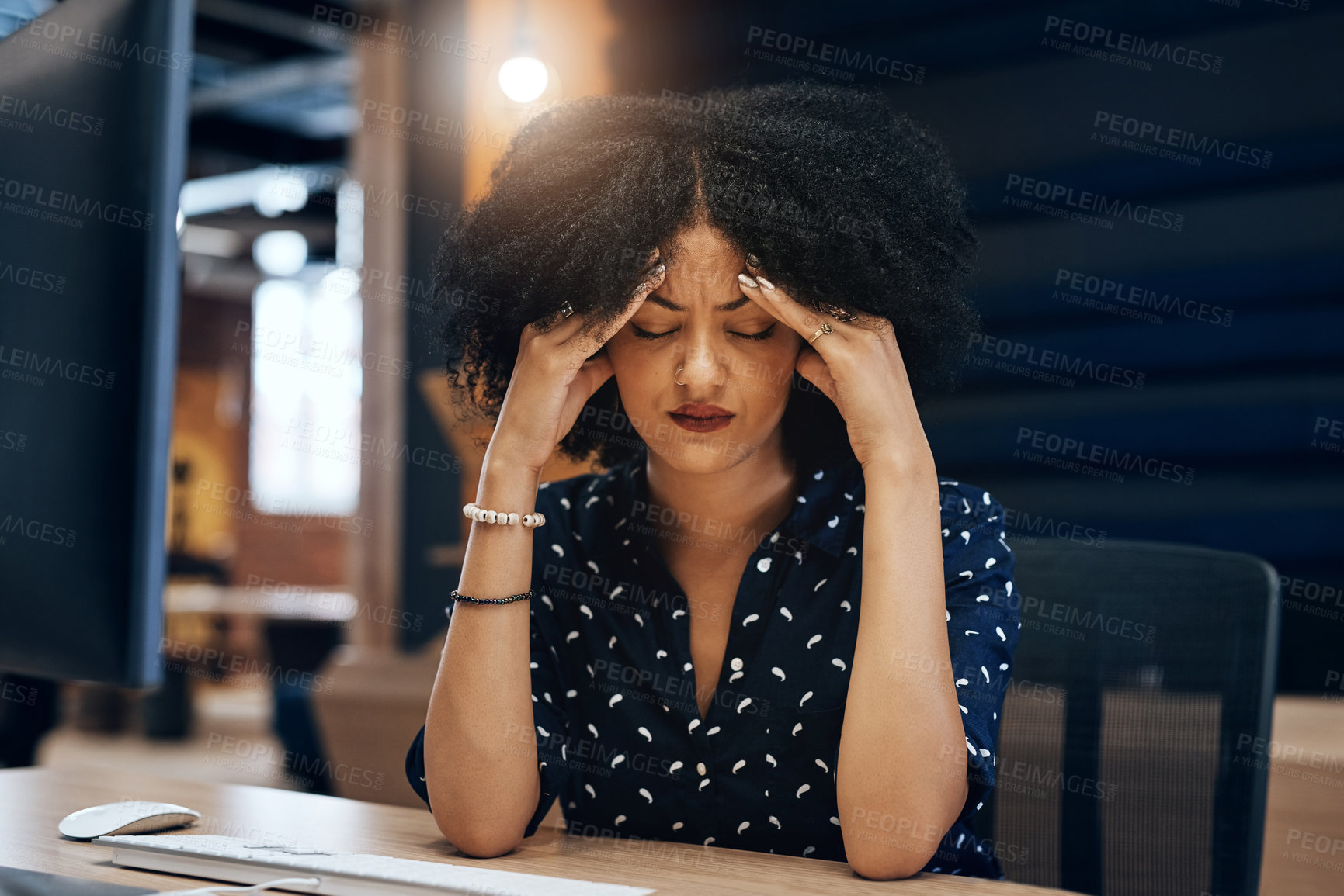 Buy stock photo Black woman, headache and stress at night with anxiety, depression or burnout at office. Tired African, female person or young employee working late with migraine in financial crisis, debt or mistake